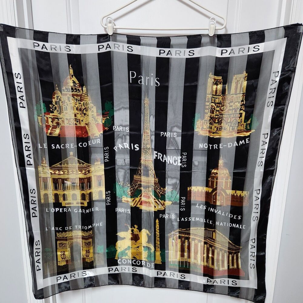PARIS EIFFEL TOWER SOUVENIR SCARF 40" LARGE SQUARE BLACK- GOLD- GREEN -CREAM